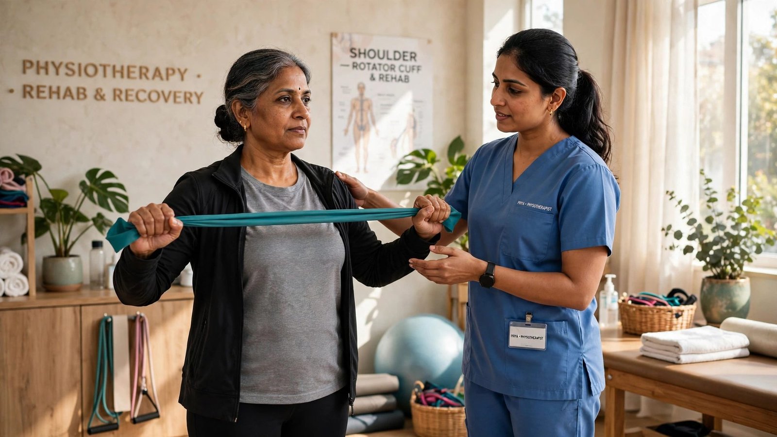 A woman doing a resistance-band shoulder exercise at chest height, guided by a physiotherapist in a bright clinic