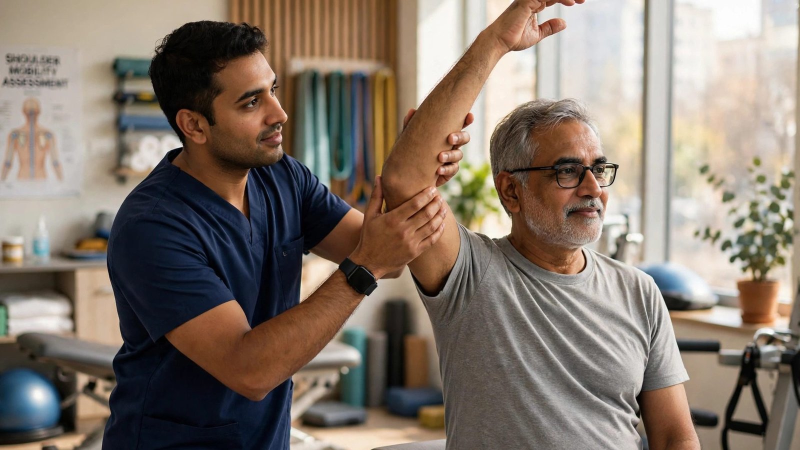 A physiotherapist guiding an older man's raised arm during a shoulder mobility check in a bright physiotherapy clinic