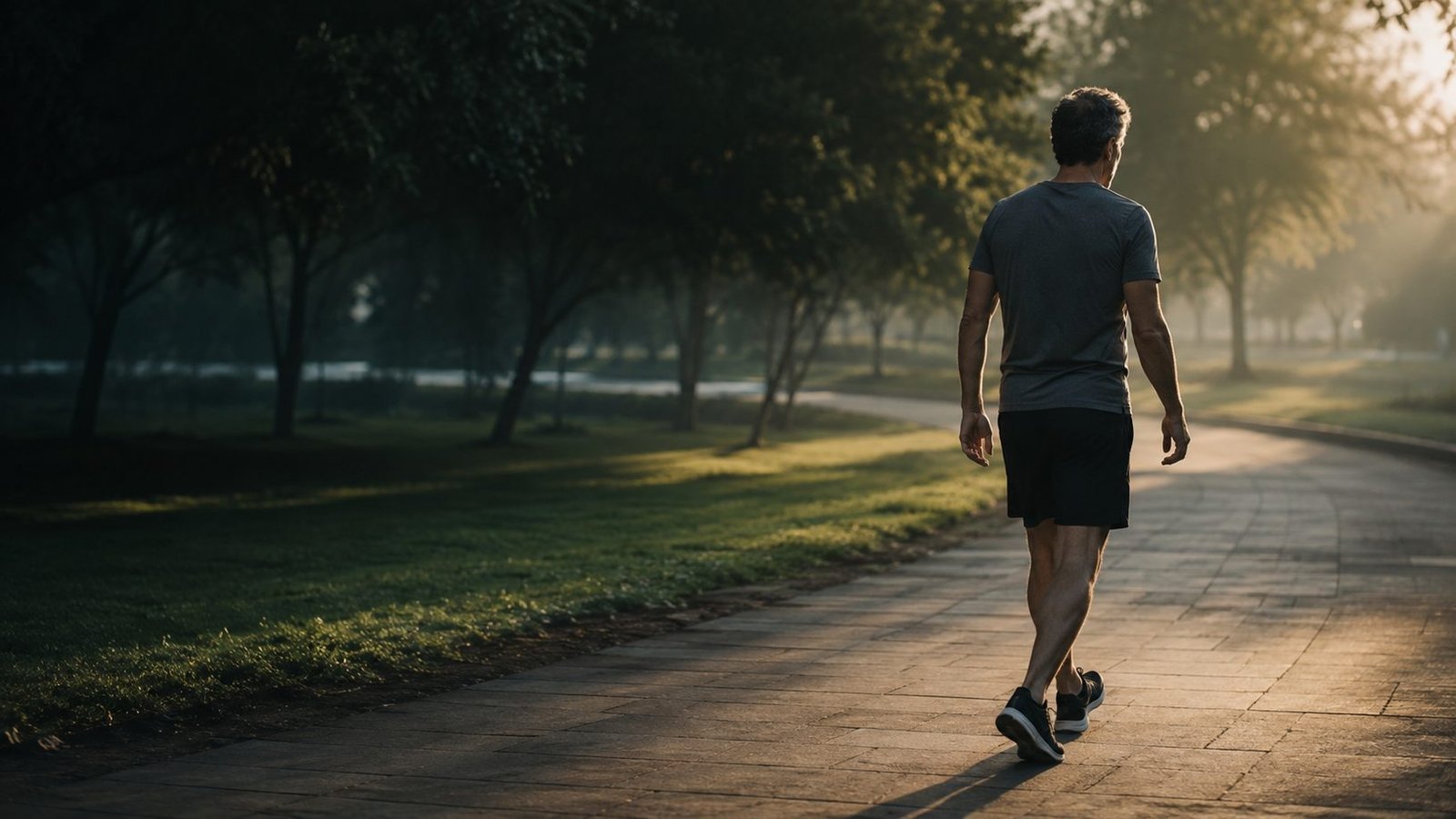 A man walking at an easy pace along a tree-lined park path in soft early-morning light
