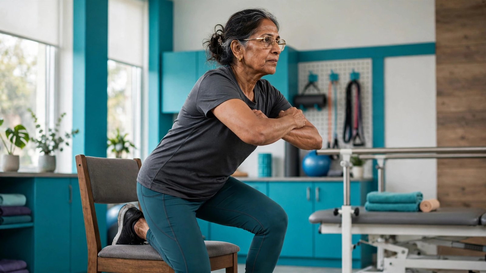 An older woman rising briskly from a chair without using her hands, a sit-to-stand power exercise in a bright clinic