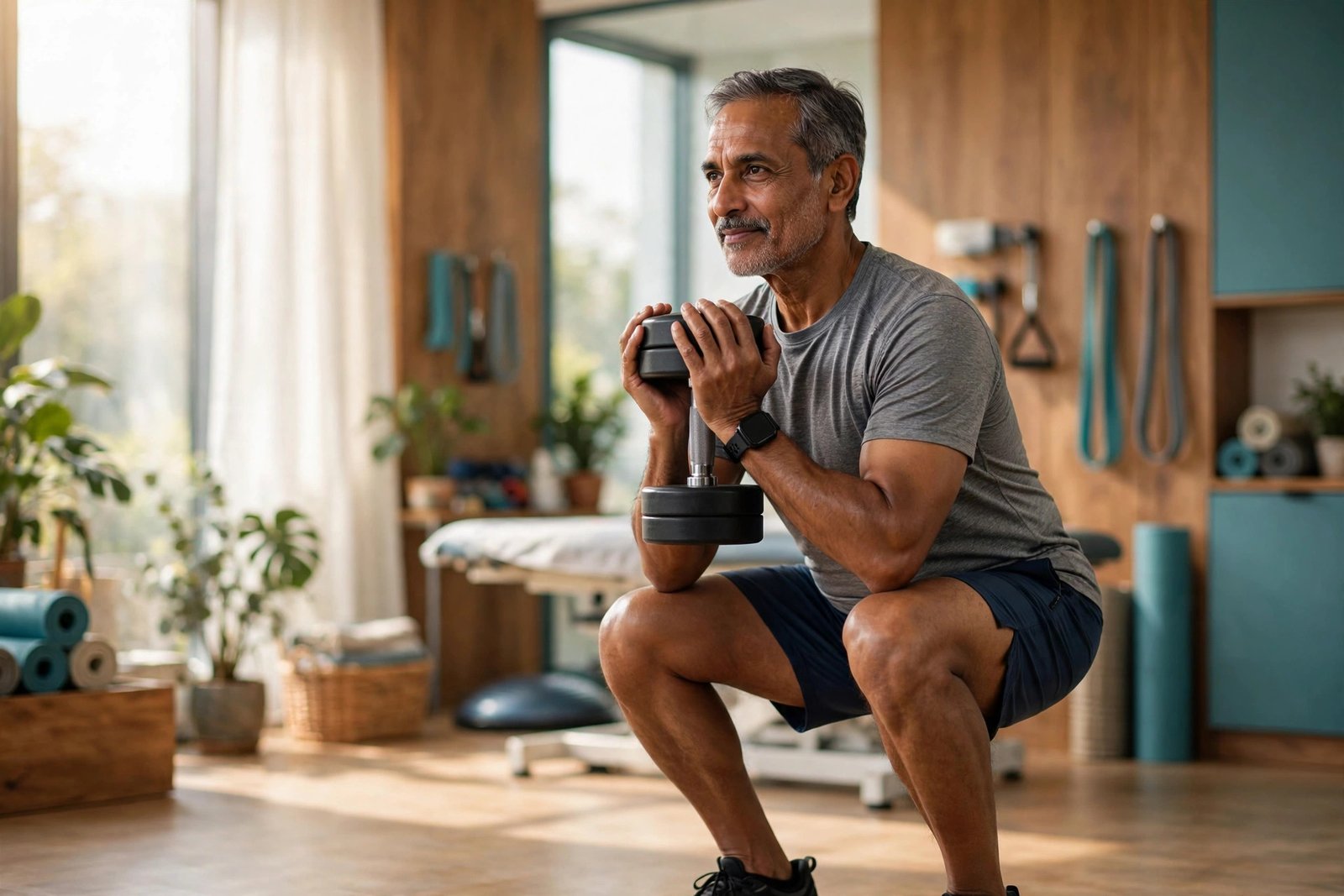 A man in his sixties doing a dumbbell goblet squat in a bright physiotherapy clinic