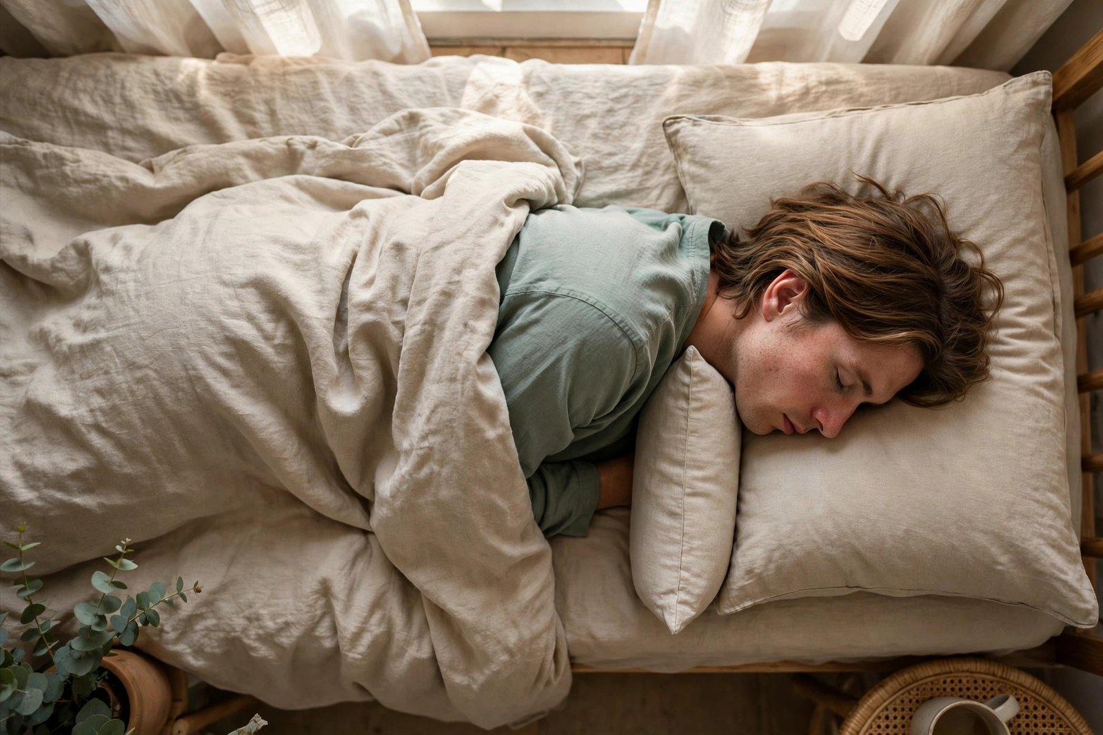 Overhead view of a person sleeping on their side, a pillow filling the gap between head and shoulder so the neck stays straight