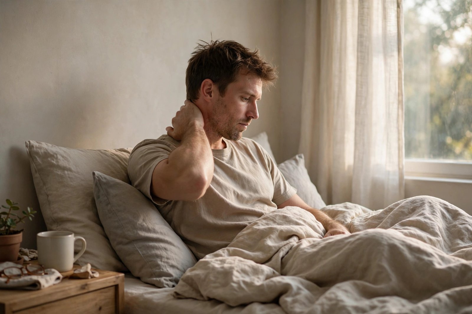 A person sitting up in bed in the morning, holding the back of a stiff neck in soft early light